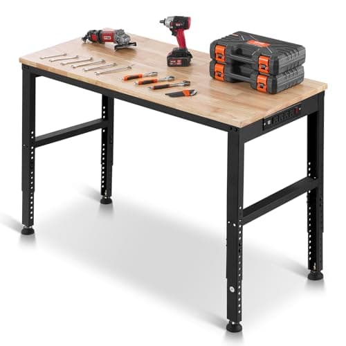 VEVOR Adjustable Workbench, 2000 lbs Capacity, 48 x 20-inch Heavy Duty Work Bench with 28.5-38.3 Inches Height Adjustment, Garage Workbench with Power Outlets, Suitable for Office, Garage, Workshop