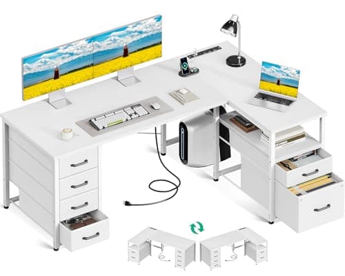 Coleshome L Shaped Computer Desk with 6 Drawers & Power Outlet, 55 Inch Corner Desk with Reversible Storage Shelf & File Drawer, Home Office Desk, White