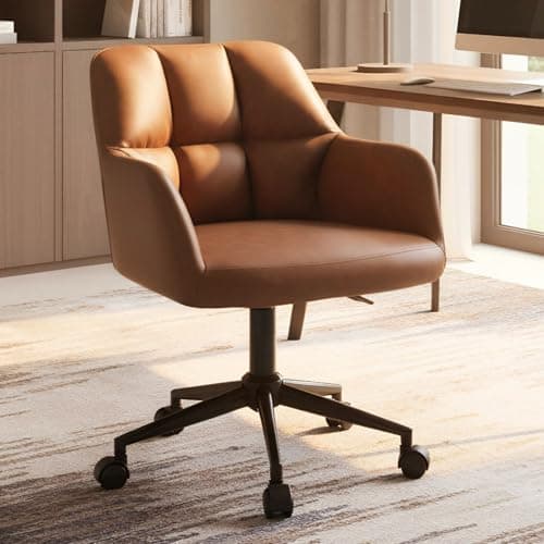 VESCASA Brown Home Office Desk Chair with Wheels Faux Leather Swivel Desk Chair Upholstered Adjustable Task Armchair for Teens Bedroom Livingroom with Comfy Square Tufted Mid-Back