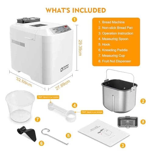 Bread Machine, Kitchen in the box 2LB 12-IN-1 Bread Maker, Gluten-Free Setting, Auto Fruit Nut Dispenser & Nonstick Pan, 2 Loaf Sizes,13H Reserve & 1H Keep Warm (White) 8
