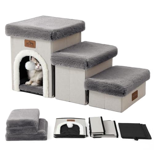 COZY KISS Dog Stairs for Small Dogs with Storage and Condo, 14" H Foldable Pet Stairs for Small Medium or Puppy Dogs and Older Cats, Dog Steps for Bed or Couch, 13x27x14 inch, 3 Tiers, Grey 8