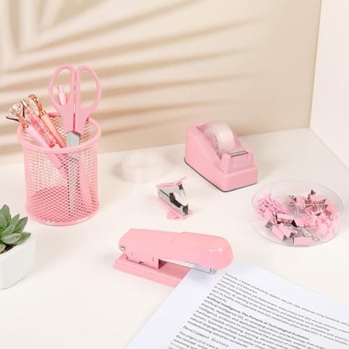 SKYDUE Pink Office Desk Accessories, Pink Office Supplies, Stapler, Tape Dispenser, Scissors, Clips and 1000pcs Staples,Office Supplies for Desk for Women 8