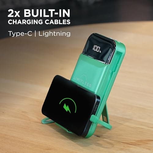 Limitless Innovations Ultimate Pro 15,000mAh Portable Power Bank PD 20W with Built-in Cables, Wireless Charging, Flashlight, Wall Plug, & Digital Display, for iPhone, Samsung, & More (Green Metallic) 8