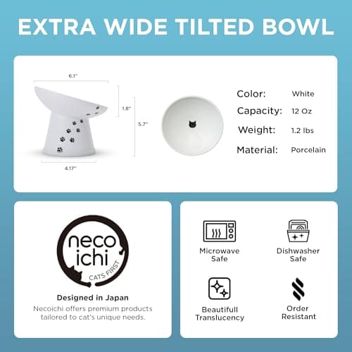 Necoichi Raised Cat Food Bowl – Ceramic Elevated 15° Tilted Cat Bowl for Whisker & Neck Fatigue, Dishwasher Microwave Safe Non-Slip Anti Vomiting Ergonomic Design (Extra Wide Tilted, 1.5-Cup Capacity) 5