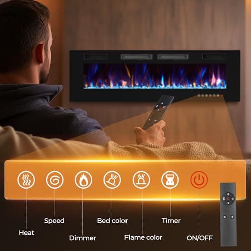 50” Electric Fireplace, Ultra-Thin Wall Mounted, Insert Heater, 750/1500W Recessed Fire Place with Adjustable Flame Color, Touch Screen and Remote Control 8