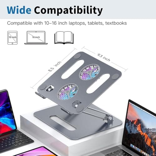 YICOSUN Adjustable Laptop Cooling Stand with 2 Quiet Fans & RGB Lighting, Aluminum Alloy & Foldable Ergonomic Design for MacBook, Lenovo, ASUS, Dell 10-16 Inch, Perfect for Gaming, DJ, Office - Gray 7