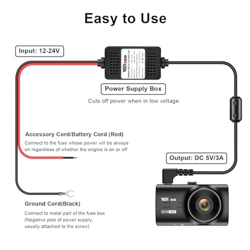 Yansoo Dash Cam Hardwire Kit USB C,13ft Type-C Hard Wire Kit for Dash Camera,USB C Hard Wire Kit Fuse for Dashcam,12V-24V to 5V Hardwire Kit Car Camera Charger Power Cord with Low Voltage Protection 5