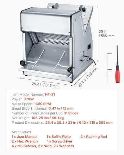 VEVOR Electric Bread Slicer, 370W 1680RPM Bread Slicing Machine, Stainless Steel Countertop Bread Cutter Machine for 12mm Slice Thickness, Commercial & Home Use for Bakeries Restaurants, 120V 7