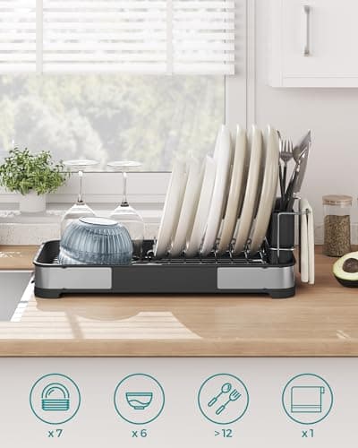 SONGMICS Small Dish Drying Rack, Dish Dryer for Kitchen Counter, Stainless Steel Dish Rack with Drain, Utensil Holder, Rustproof, for Dishes, Knives, Spoons, Forks, Silver and Black UKCS034B01 7