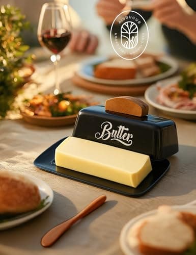 Black Butter Dish with Lid and Knife，Black Butter Tray，Ceramic Butter Holder for Counter Humanized Clamp-able Knife Handle Design Perfect for East West Coast Butter 7