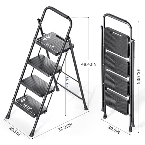 KINGRACK Folding 4 Step Ladder, Portable Ladder for Multi-Purpose, Home, Kitchen, Heavy Sturdy Steel Step Stool with Anti-Slip Wide Pedals, Handrail, Safe-Lock Design, Pass 500lbs Load Testing, Black 9