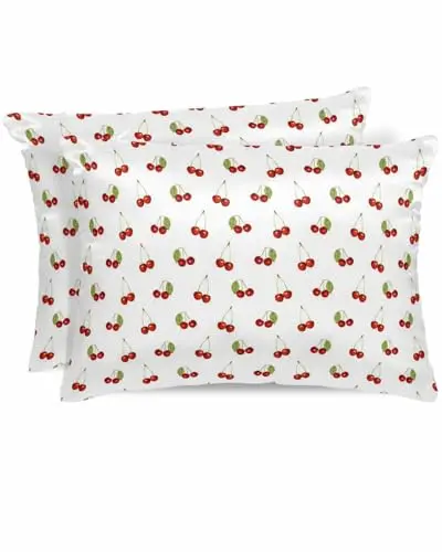 Vertdecor Satin Pillowcase for Hair and Skin, Red Cherry with Leaves Silk Pillow Cases Standard Size with Zipper 2 Pack Super Soft Pillow Covers, 20x26 Inches, Cherryadr57124
