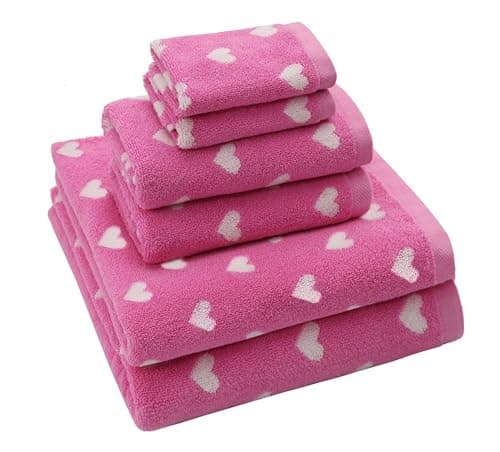 ORIGINAL KIDS 6 Piece Towel Set - Bath Time Hearts - 2 Bath Towels, 2 Hand Towels, 2 Washcloths - 100% Cotton Jacquard Colorful Soft Absorbent Pool Beach Kids Towel Gift - Pink White