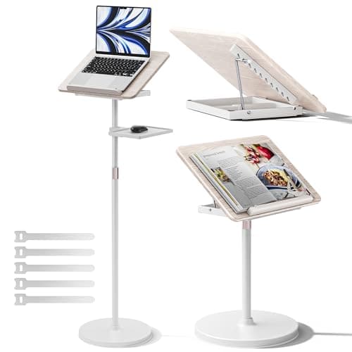 2 in 1 Adjustable Book Stand - Dual-Use Floor and Desktop Book Holder Stand, Height Adjustable 23.5-52 in, Elastic Page Clips for Music Sheet, Recipe, Tablet, Laptop-White