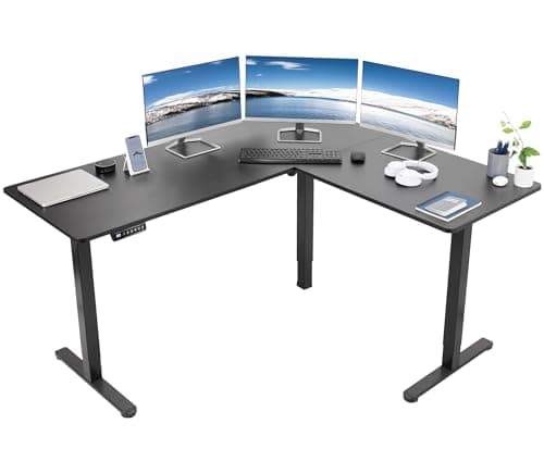 VIVO Corner Standing Desk, 63 x 55 inch Reversible L-Shaped Workstation, Electric Height Adjustment, Home, Office, and Reception Rooms, Black Table Top Black Frame, DESK-E3CTB