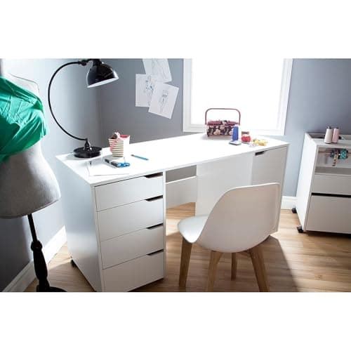 South Shore Farmhouse Craft Table on Wheels with Sliding Shelf, Storage Drawers and Scratchproof Surface, Pure White 5
