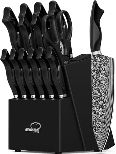 Knife Set, 15 Pieces Kitchen Knife Block Set with Built in Knife Sharpener Block, Dishwasher Safe, German Stainless Steel Knife Sets for Kitchen with Block, Best Gift