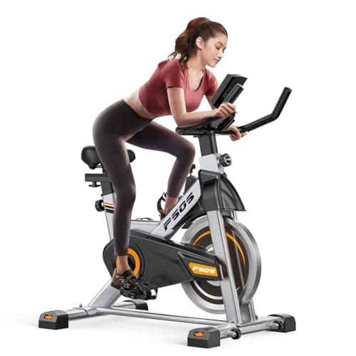 PSOS Exercise Bike, Stationary Bikes for Home Gym,Workout Bike With Belt Drive,Cycling Bike With Digital Display & Comfortable Seat Cushion,Black Red-B, BlackRed-B, 6105-B