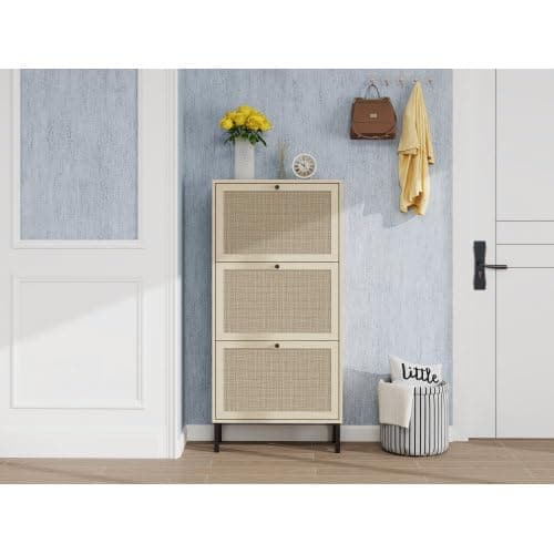 ZeHuoGe Natural Rattan Cabinet with 3 Flip Drawers, Free Standing Modern 3-Tier Shoe Storage Rack for Heels, Slippers, Entrance Hallway Entryway （3 Drawers）