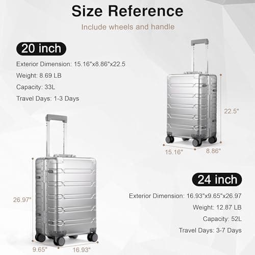 VentureVault All Aluminum Carry On Luggage 22x14x9 Airline Approved，Zipperless Luggage Premium Aluminum Suitcase Luggage, Hard Shell Carry On Luggage with Spinner Wheels (silver, 20inch) 7