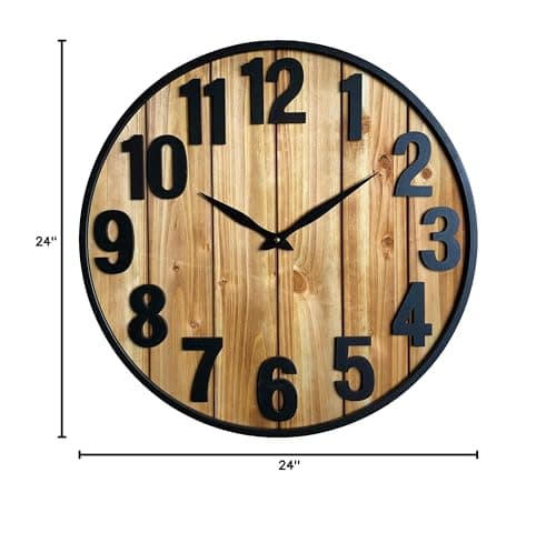 Montoire 24 Inch Wooden Farmhouse Wall Clock Large, Extra Large for Living Room Decor - Big Oversized Rustic Round Decorative Clocks for Walls, Battery Operated 9