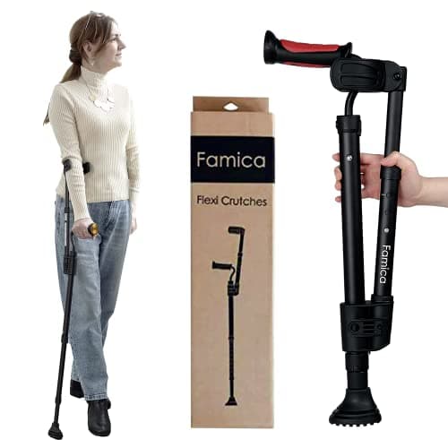 Famica Crutch for Adult (x1 Unit, Open Cuff) - Adjustable Ergonomic Handles, Cuff, Height, Foldable, Lightweight and Non-slip Forearm Crutches