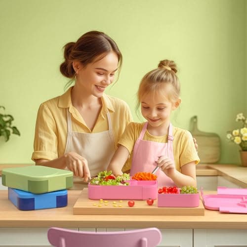 HOMETALL Bento Lunch Box for Kids - Leakproof Bento Box with 6 Compartments Portions Lunchbox for Kids Ages 3 to 7 Back to School, BPA-Free Snack Packing Containers Reusable On-the-Go Meal Prep, Pink 7