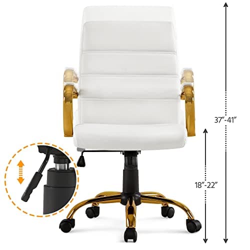 Topeakmart Office Desk Chair Mid-Back Adjustable PU Leather Executive Chair w/Gold Frame White Seat 7