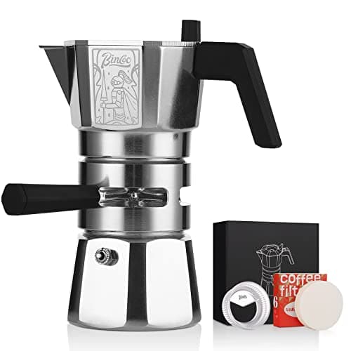 Bincoo 120ML/2 Cup Stovetop Espresso Maker Double Valve Moka Pot with Thermostat Extractor,Italian Espresso Moka Pot with Powder Dispenser and Filter Paper for Home,Silver