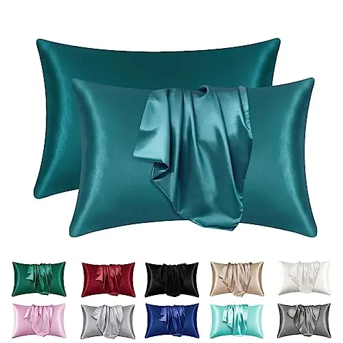LXMGED Satin Silk Pillowcases for Skin and Hair,Set of 2 Satin Pillow Cases for Women with Envelope Closure,Soft Breathable Smooth Cooling Silk Pillow Covers for Gifts，Teal，Queen (20" x 30")