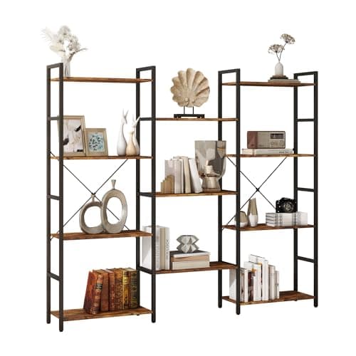 Panana Triple 4/5/6 Tier Bookshelf, Industrial Bookcase with 11/14/17 Open Display Shelves Wide Book Shelf Book Case with Metal Frame for Living Room Home Office (Brown, 4 Tier)