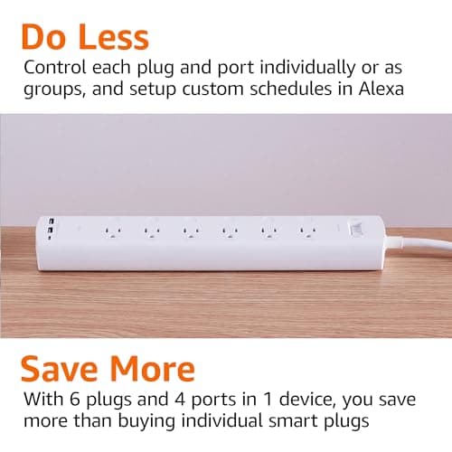 Amazon Basics Smart Plug Power Strip with 6 Individually Controlled Outlets and 3 USB Ports (2 USB-A and 1 USB-C), WiFi, Works with Alexa Only, 2.4 GHz, No Hub Required, White 6