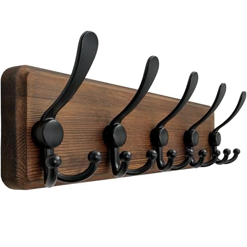 Dseap Coat Rack Wall Mounted - 5 Tri Hooks, Heavy Duty, Wooden Wall Coat Hanger Coat Hook for Clothes Hat Jacket Clothing, Natural & Black