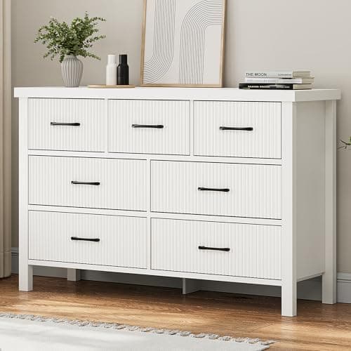 Jocoevol White 7 Drawer Dresser for Bedroom, Modern Fluted Dresser with Solid Wood Legs, Long Double Wooden Large Chest of Drawers for Living Room, Entryway, Hallway (White Fluted)