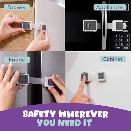 Child Safety Locks (4-Pack) - Baby Proof Cabinets, Drawers, Toilets & Appliances- Adjustable Strap Length, Double Lock Option - Easy Latch for Adults to Open 7