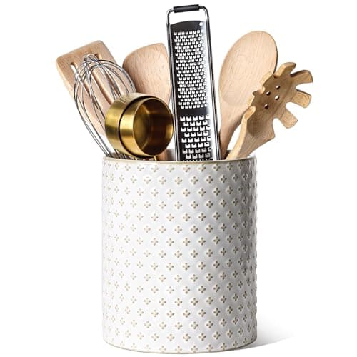 LE TAUCI Utensil Holder for Kitchen Counter - 7.1" Large Ceramic Kitchen Utensil Holder, Embossed Cooking Utensil Crock for Spatula, Spoon - Farmhouse Kitchen Decor & Organizer, White, Clover