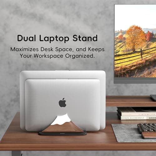 AFOOYO Vertical Dual Laptop Stand - Snow Peak-Shaped Walnut Adjustable Laptop Holder,2 Slots Desktop Dock Compatible with All MacBook, Surface,Chromebook,Dell & More(Walnut) 5