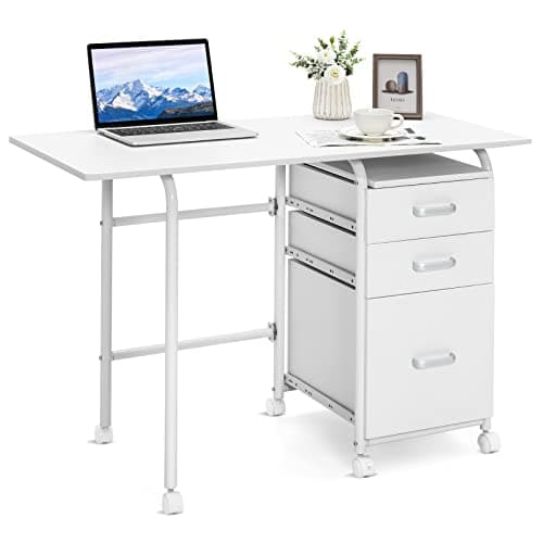 Tangkula White Folding Desk with 3 Drawers, Mobile Home Office Desk Study Writing Desk with Smooth Wheels, Space Saving Compact Table for Dorm Apartment, Rolling Couch Desk Table