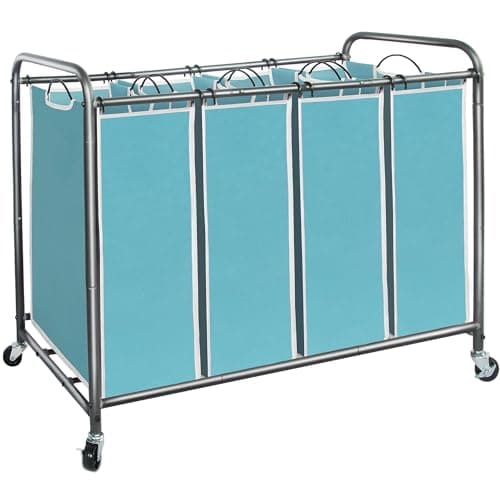 STORAGE MANIAC Laundry Sorter 4 Section, 47.8 Gal (181 L) Laundry Hamper with Wheels, Clothes Divider Basket Sorter, Clothes Separator Hamper Cart with Wheels and Removable Bags, Blue