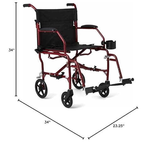 Medline Ultra Lightweight Transport Wheelchair for Adults, Foldable, 19-Inch Seat Width, Red Frame, Black Upholstery 8