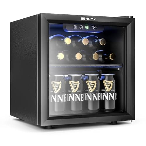 EUHOMY 12 Bottle 48 Can Mini Fridge Cooler, 1.3 Cu.Ft Beverage Refrigerator Glass Door for Beer Soda Wines,Small Refrigerator with Adjustable Shelves and LED Light for Office, Home, Dorm, Bar