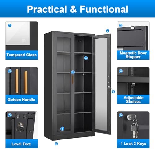 Polup Glass Display Cabinet with Lock, Metal Curio Cabinet with Tempered Glass Doors & Adjustable Shelves, Heavy-Duty China Cabinets for Living Room, School, Commercial, Black, Assembly Required 9