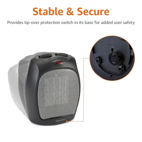 Amazon Basics Ceramic Space Heater, Portable Indoor Heating Solution, With Overheat and Tip-Over Protection, Thermostat, Non-Oscillating, 1500W, 7.52"D x 6.34"W x 9.45"H, Black 5