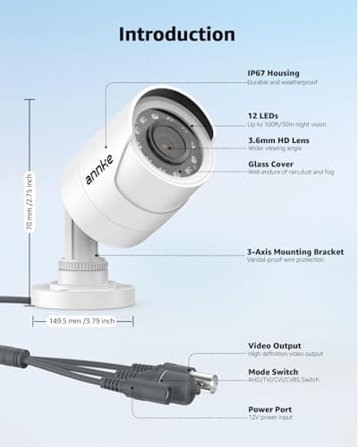 ANNKE 1080p Security Camera 4-in-1 CCTV Bullet Wired Cam, AHD/TVI/CVI/CVBS, Analog Surveillance Video Add–On Cams for Outdoor Use, 100ft Clear B & W Night Vision (Power Adapter BNC Cable Not Included) 8