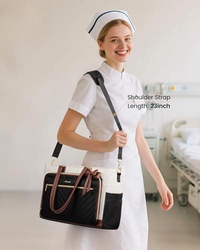 LOVEVOOK Lunch Bag, Tote Bag for Women with Insulated Lunch Compartment, Laptop Bag with Large Capacity & Cup Holder, Work Tote for Teacher, Nurse, Travel, College, Daily, Black-Beige-Brown, 15.6 Inch 7