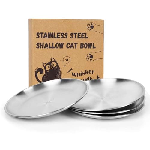 Petdream 4-Pack Stainless Steel Cat Food Bowls, Shallow Whisker-Friendly Non-Slip Silicone Base Metal Dishes, Easy to Clean Indoor Feeding Flat Plates for Cat, Kitten, Small Dog (6.7")