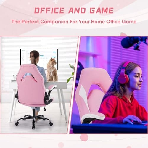 OLIXIS Computer Gaming Desk Chair - Big and Tall Ergonomic Lumbar Support with Flip-up Armrest and 360° Swivel Wheels, PU Leather Height Adjustable, for Home and Office, Pink 6