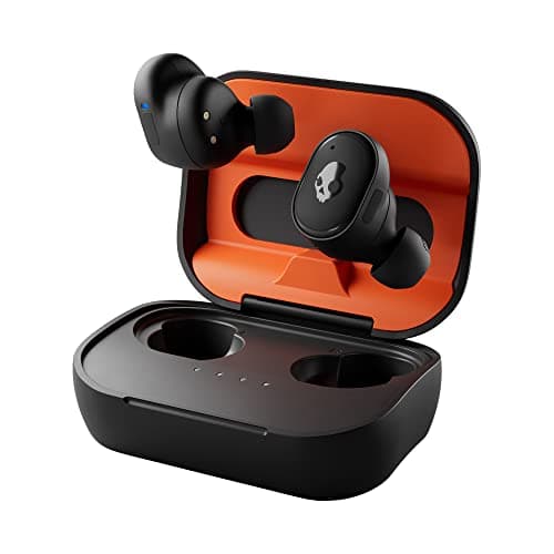 Skullcandy Grind Fuel Wireless Earbuds, Bluetooth Headphones, Up to 40 Hours Battery, Noise Isolating Fit, Wireless Charging Case, Microphone, Customizable via Skull-iQ App - True Black/Orange