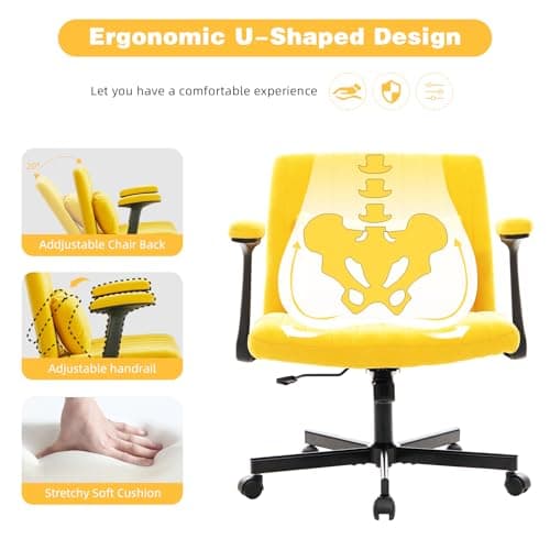 Purgreen Linen Cross Legged Office Chair with Wheels and Adjustable Flip-Arms,Swivel Wide Seat Chair for Home Office, Apartment, Criss Cross Chair for Meditation, Makeup, Yellow 5