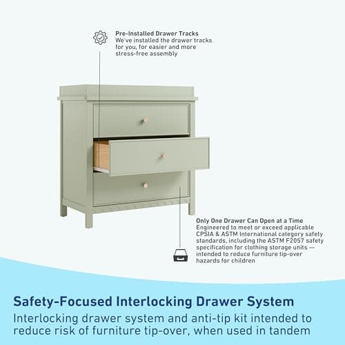 Graco Sasha 3-Drawer Chest with Changing Table Topper (Sage) – GREENGUARD Gold Certified, Nursery Bedroom Wood Chest with Spacious Storage, Interlocking Drawer System, Pre-Installed Tracks 6